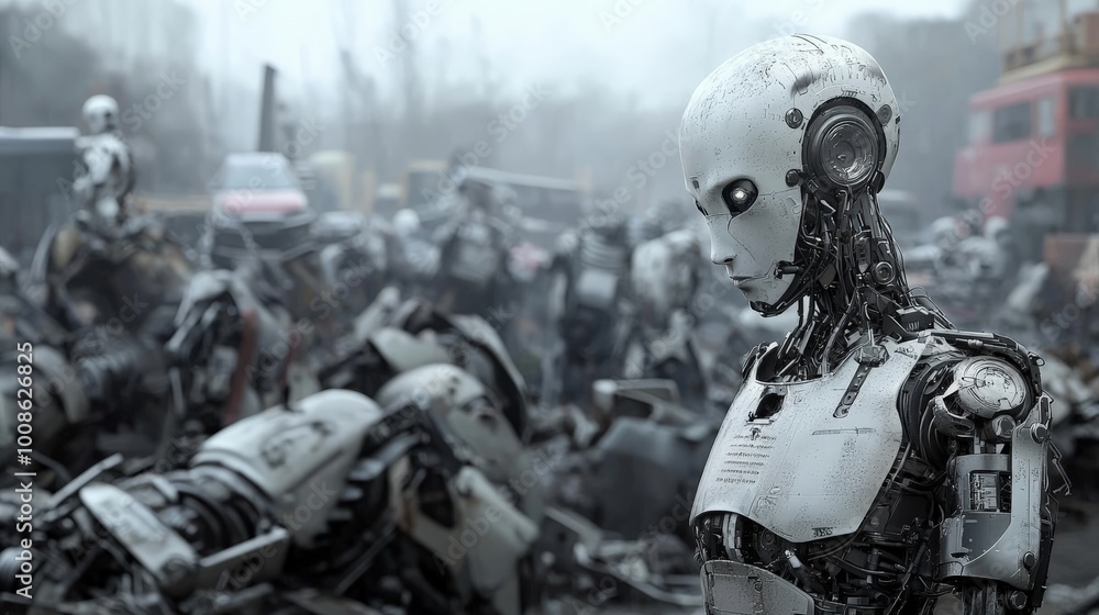 An eerie scrapyard with piles of outdated AI robots stacked haphazardly, their mechanical limbs twisted and motionless, creating an atmosphere of a bygone era of technology An eerie scrapyard with piles of outdated AI robots stacked haphazardly, their mechanical limbs twisted and motionless, creating an atmosphere of a bygone era of technology