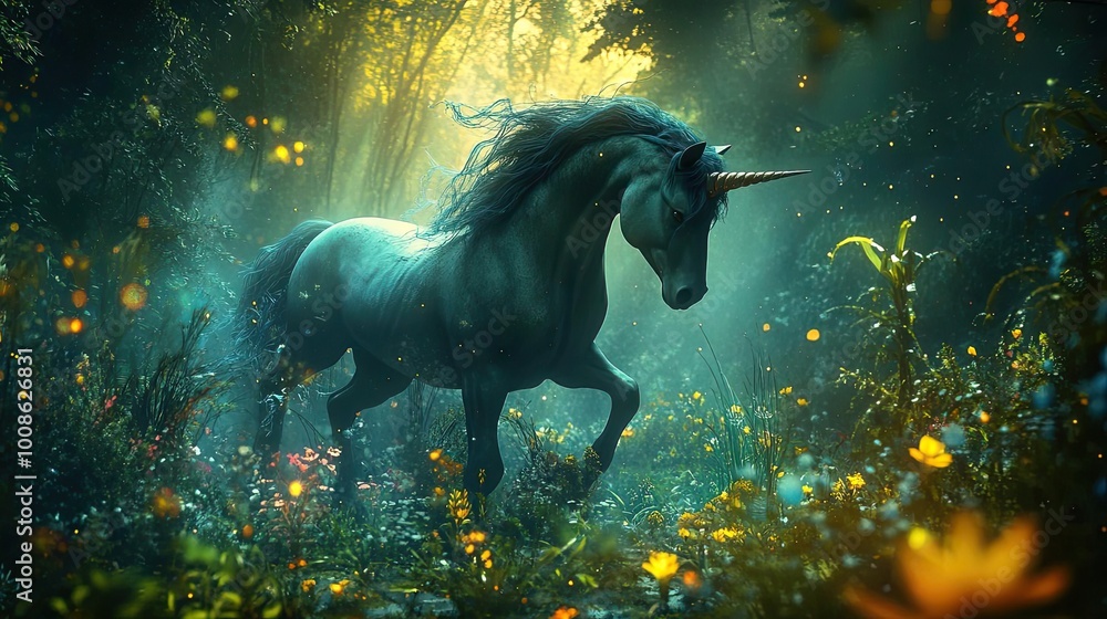 A magical unicorn gracefully navigates a vibrant forest, surrounded by glowing flora and ethereal light, evoking wonder and fantasy.