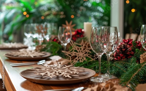 A joyful holiday dining setup featuring biodegradable ornaments and festive decorations in a cozy indoor setting