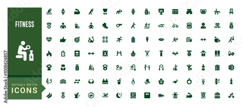 GYM And Fitness solid icon set. Includes dumbbell, gym bag, locker, and More. Filled icon collection, Glyph icons vector collection.