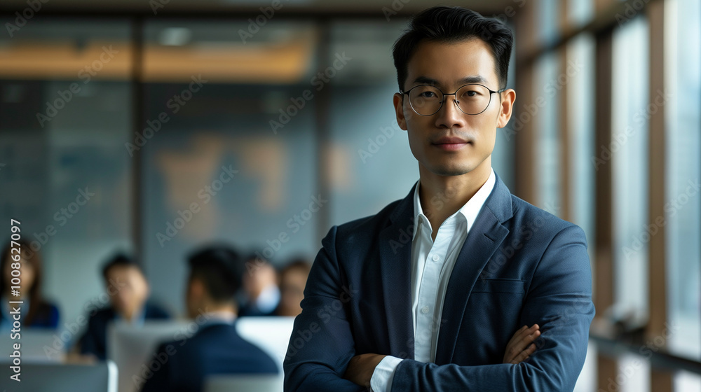 Confident businessman standing with arms crossed in office setting Confident businessman standing with arms crossed in office setting