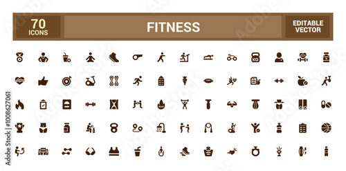 GYM And Fitness solid icon set. Includes dumbbell, gym bag, locker, and More. Filled icon collection, Glyph icons vector collection. photo