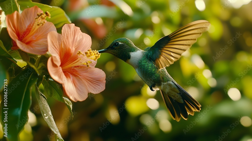 Fototapeta premium Close-up of a hummingbird pollinating a flower, vivid color texture and detail, in nature, soft natural lighting