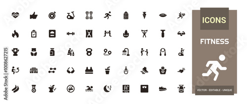 GYM And Fitness solid icon set. Includes dumbbell, gym bag, locker, and More. Filled icon collection, Glyph icons vector collection.