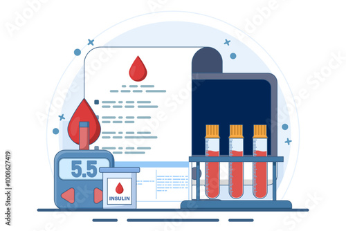 Blood glucose test and insulin production concept. diabetes mellitus, blood tube and blood glucose test, diabetes and insulin production. Modern flat vector illustration on background.