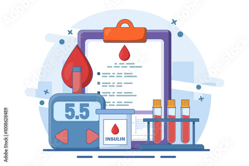 Blood glucose test and insulin production concept. diabetes mellitus, blood tube and blood glucose test, diabetes and insulin production. Modern flat vector illustration on background.