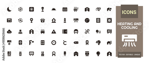 Heating and cooling system filled icons set. Modern solid symbol collection, home temperature conditioning glyph set for web and ui.