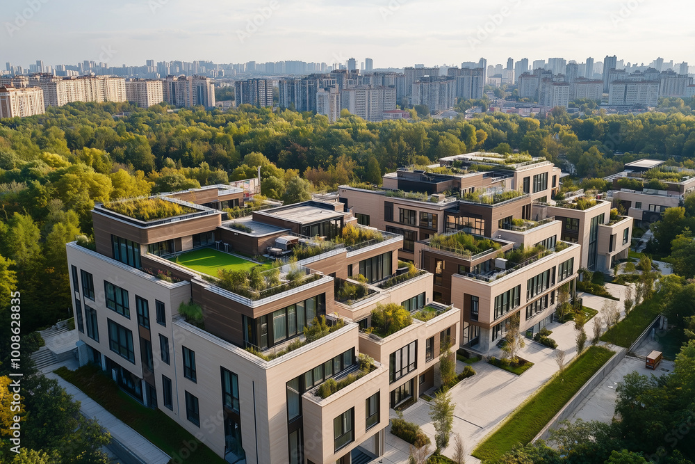 Fototapeta premium Modern eco-friendly apartment complex with rooftop gardens and terraces surrounded by lush greenery and urban city skyline