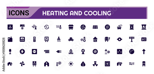 Heating and cooling system filled icons set. Modern solid symbol collection, home temperature conditioning glyph set for web and ui.