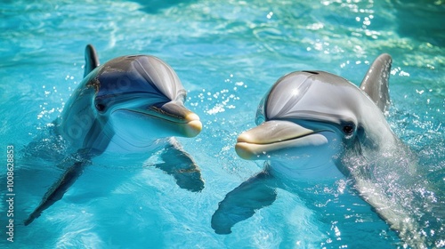 Two dolphins swimming side by side in crystal-clear water, playfully nudging each other with their fins.