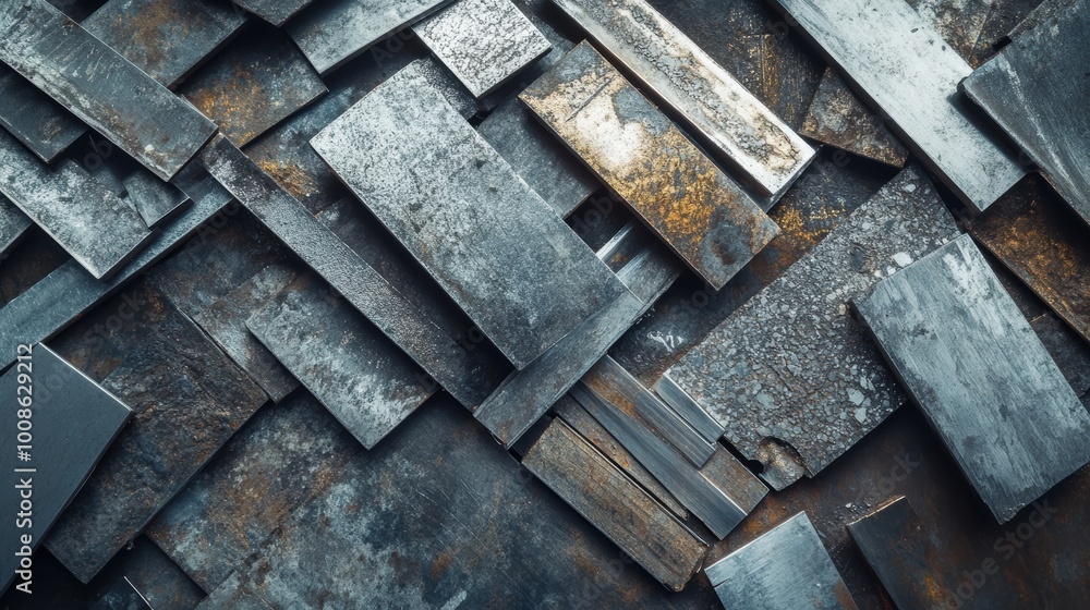 Abstract Composition of Rusty Metal Elements in Raw Form, Featuring a Close-Up View of a Collection of Metal Pieces with Varying Textures and Colors Abstract Composition of Rusty Metal Elements in Raw Form, Featuring a Close-Up View of a Collection of Metal Pieces with Varying Textures and Colors
