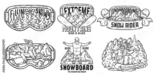 Six snowboarding emblems feature snowboarders riding on snowy mountains and ski goggles with snowy mountain views, perfect for winter sports designs