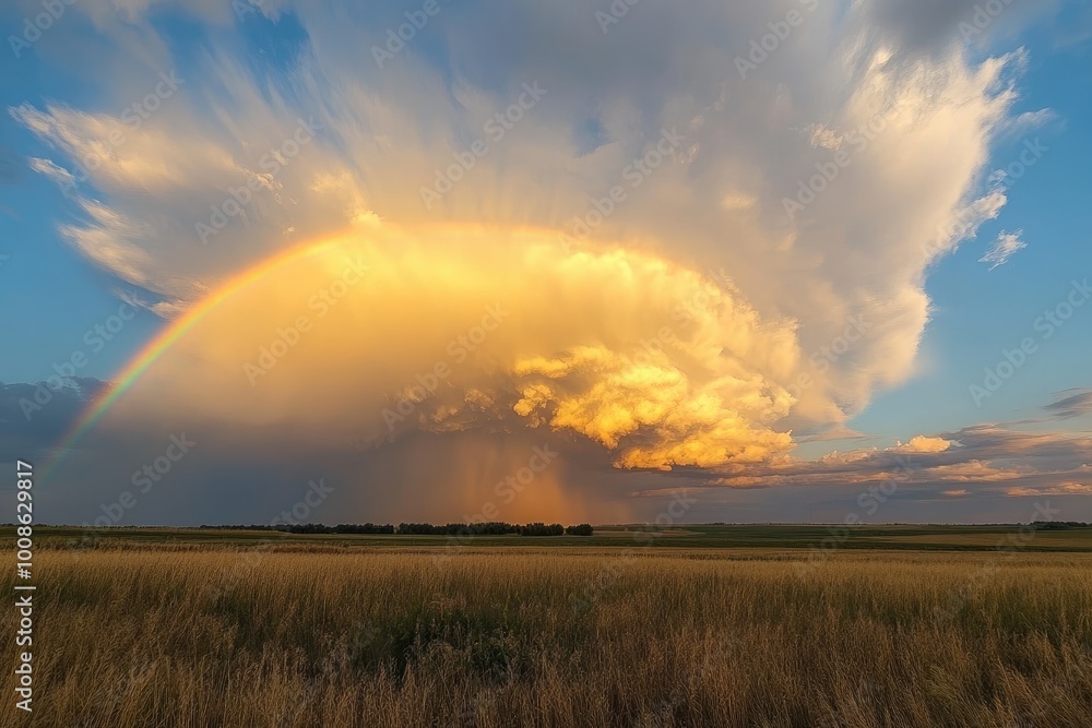 A cloud filled sky with a prominent rainbow arcing across the background A cloud filled sky with a prominent rainbow arcing across the background
