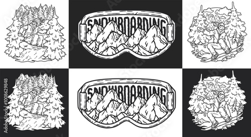 Monochrome illustration of a snowboarder carving through a snowy forest with a stylized depiction of mountains seen through ski goggles