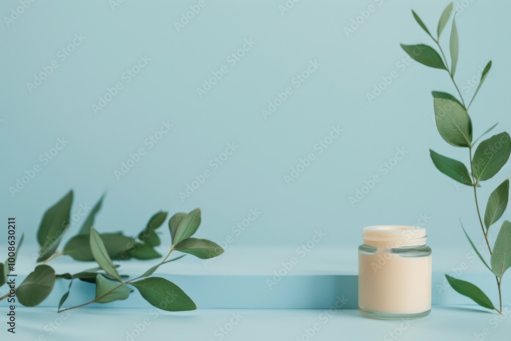 Minimalist product display with a jar of lotion and green leaves on a pastel blue surface Minimalist product display with a jar of lotion and green leaves on a pastel blue surface