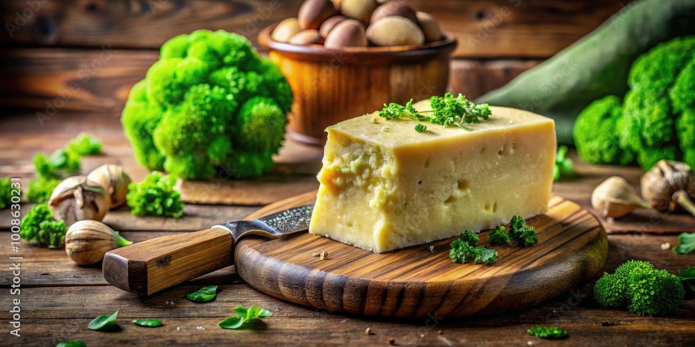 Moldy Parmesan Cheese on a Wooden Cutting Board with Green Fungi and a Rustic Kitchen Background Moldy Parmesan Cheese on a Wooden Cutting Board with Green Fungi and a Rustic Kitchen Background