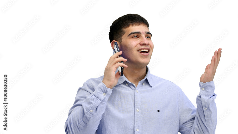 Man, close-up, on a white background, talking on the phone Man, close-up, on a white background, talking on the phone