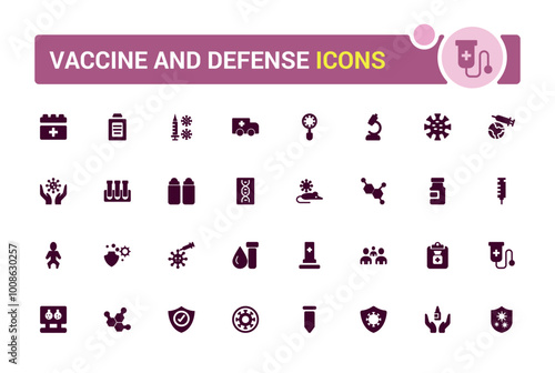 Vaccine and Defense solid icons set. immune, syringe, mask, probiotic, antigen and more, Filled icon collection vector illustration.