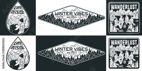 Set of vintage monochrome emblems, badges and logos, with people camping in the snow, snowboarding and enjoying the winter vibes