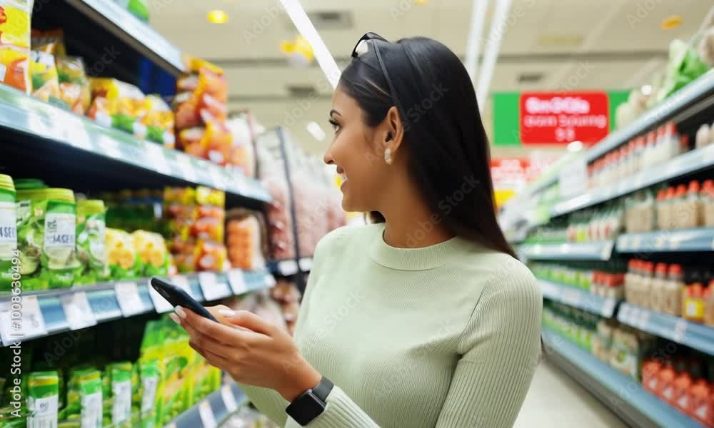 Shopping. Young Smiling Woman Holding And Using Mobile Phone Buying Food Groceries Standing In Supermarket Shopping. Young Smiling Woman Holding And Using Mobile Phone Buying Food Groceries Standing In Supermarket