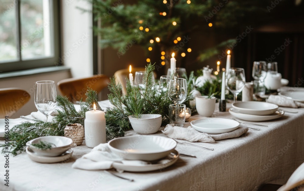 A serene minimalist holiday dining table set with white dishware, evergreen sprigs, and candles for a festive gathering A serene minimalist holiday dining table set with white dishware, evergreen sprigs, and candles for a festive gathering
