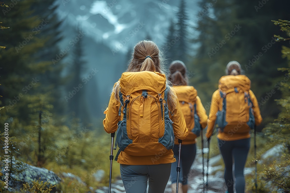 Adventure seekers trekking through forested mountain trail in vibrant autumn Adventure seekers trekking through forested mountain trail in vibrant autumn