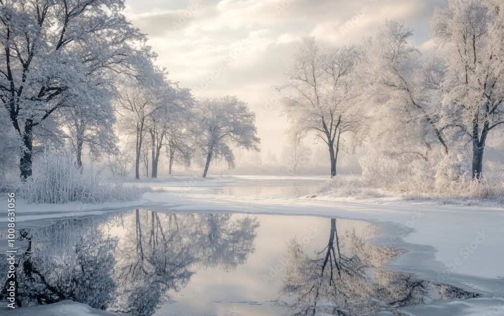 A tranquil winter landscape with snow-covered trees and a frozen lake reflecting soft light in a peaceful wonderland setting A tranquil winter landscape with snow-covered trees and a frozen lake reflecting soft light in a peaceful wonderland setting