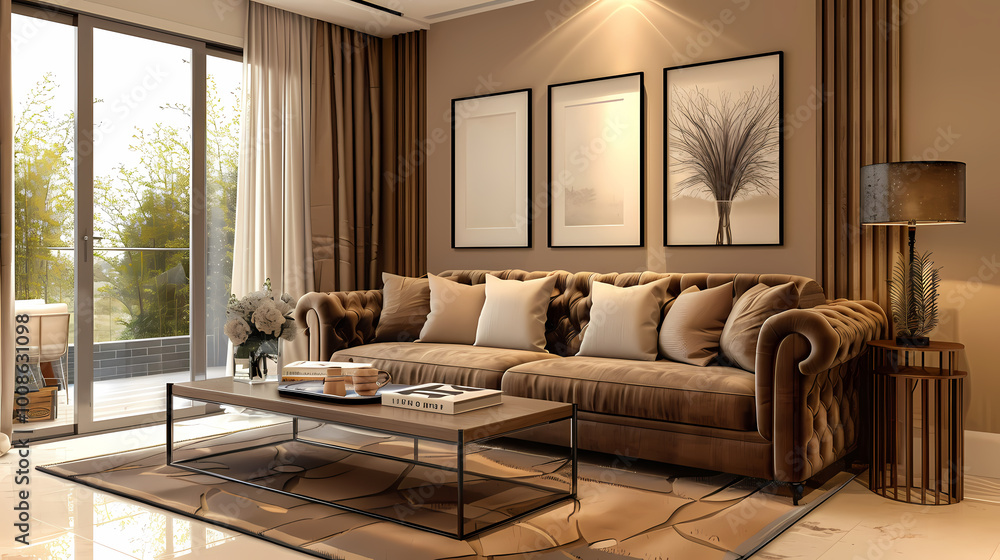 designated modern living room with a beige accessories and big window Generated AI designated modern living room with a beige accessories and big window Generated AI