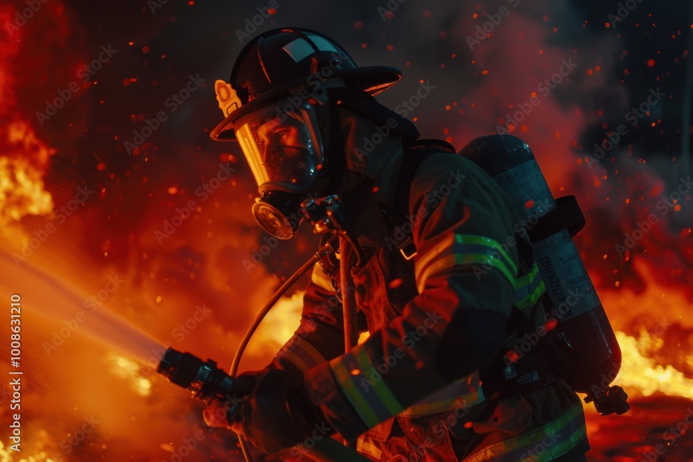 a firefighter wearing protective gear and a helmet is operating a hose to extinguish a blazing fire at night, showcasing bravery and quick response to emergencies a firefighter wearing protective gear and a helmet is operating a hose to extinguish a blazing fire at night, showcasing bravery and quick response to emergencies
