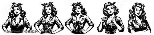 retro pinup girl posing in mechanic uniform hand-drawn black vector