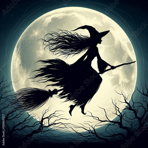 Mystical Witch Silhouette Flying Against Glowing Full Moon.