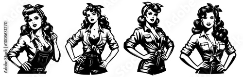 pinup girl in mechanic clothes with retro style hand-drawn black vector