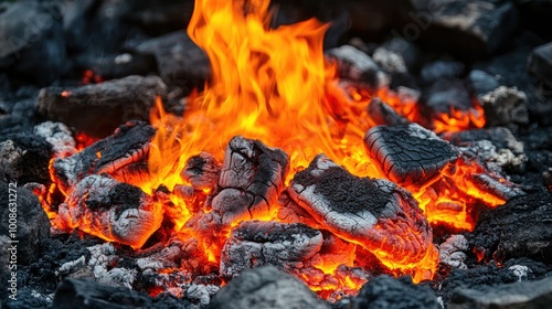 Molten lava flowing through cracks in volcanic rock, a fiery red and black scene, evoking images of intense heat and volcanic activity.