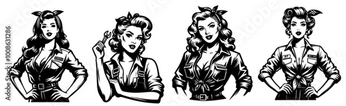 hand-drawn pinup girl in 1950s style with mechanic clothing black vector