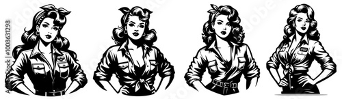 classic pinup girl in retro work outfit hand-drawn black vector