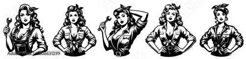 retro pinup girl in classic mechanic outfit hand-drawn black vector