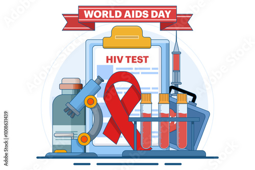 World AIDS Day Concept, Medical doctor with HIV test tube researching AIDS, Red Ribbon to raise awareness of AIDS epidemic. Flat vector illustration on background.