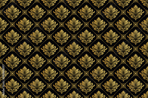 金色のダマスク柄のシームレスパターン、黒背景