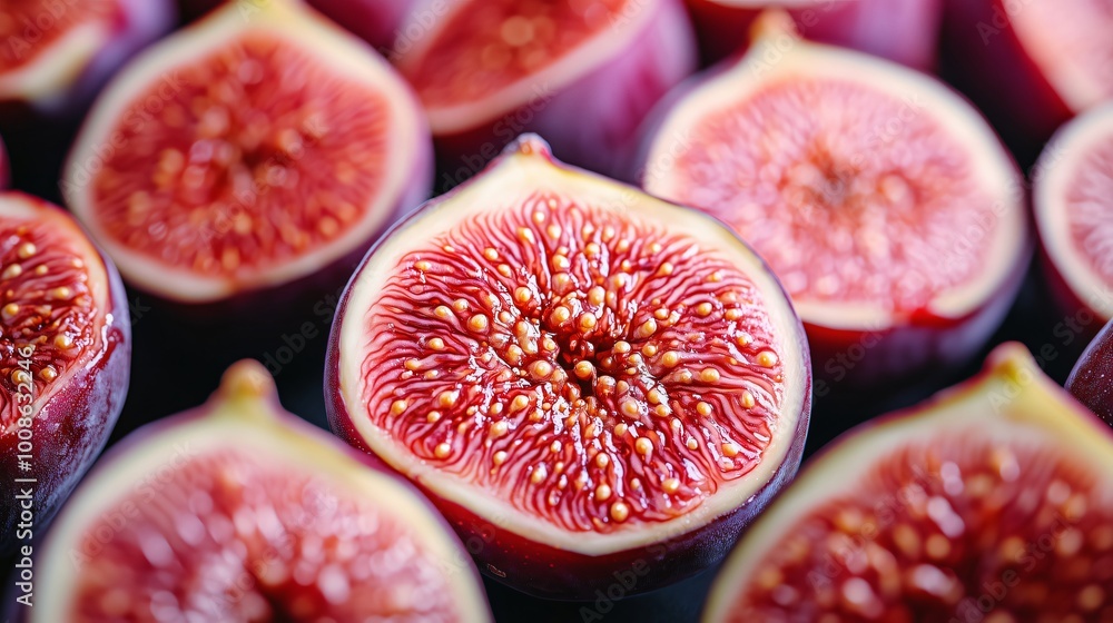 Ripe figs cut in half filling the frame creating delicious pattern Ripe figs cut in half filling the frame creating delicious pattern