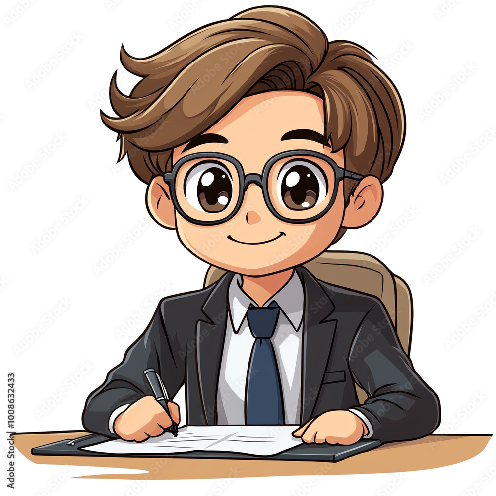 A young man in a suit and glasses sits at a desk, writing on a piece of paper. He has a confident expression on his face. A young man in a suit and glasses sits at a desk, writing on a piece of paper. He has a confident expression on his face.