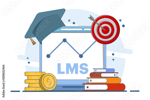 Concept of Learning Management System or LMS as online education. Educational technology, online learning delivery, training, knowledge software application, qualification framework. Vector illustrati