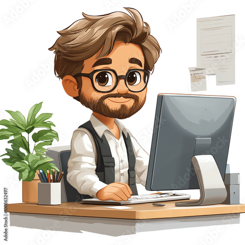 A young man with glasses and a beard sits at a desk, working on his computer.  He is focused on his work and looks happy and productive.