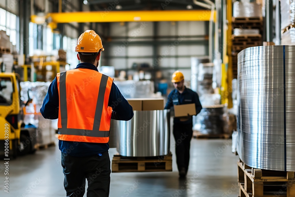 Worker in a Factory Setting Pushing a Large Roll of Metal Worker in a Factory Setting Pushing a Large Roll of Metal