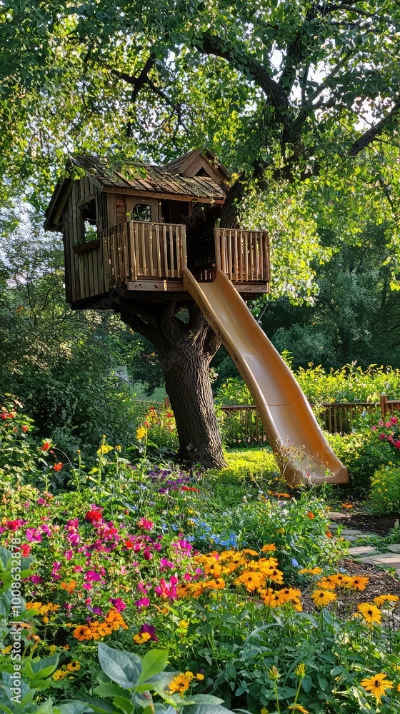 Naklejka premium A beautiful treehouse with a slide surrounded by vibrant flowers, perfect for children's play and outdoor adventures.