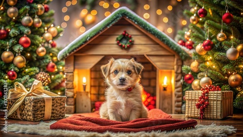 Adorable puppy by Christmas doghouse with gifts and festive lights