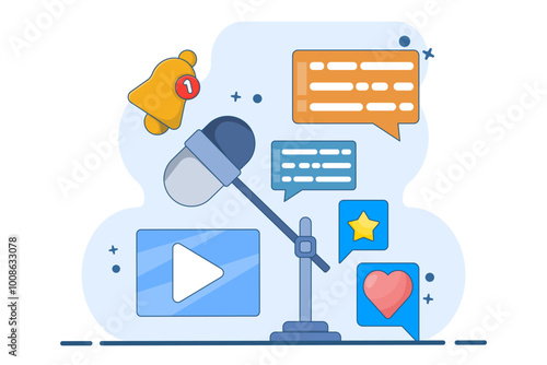 Podcast content concept. Podcasting app, radio advertising, broadcasting station, streaming, online event, blog, media marketing, digital recording. Flat vector illustration on background.