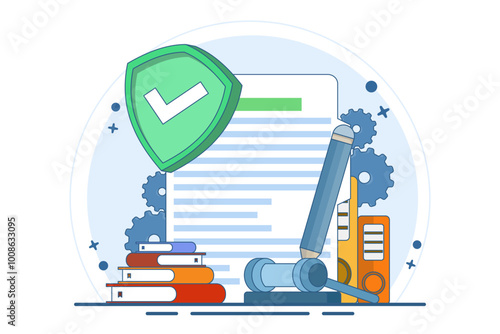 Concept of signing legal documents, electronic contracts or online agreements. Reading and signing the terms and conditions of the contract. Flat vector illustration on the background.