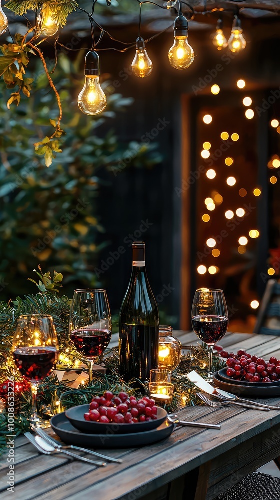 A beautifully arranged outdoor dining setup with wine, grapes, and soft glowing lights, perfect for a cozy evening. A beautifully arranged outdoor dining setup with wine, grapes, and soft glowing lights, perfect for a cozy evening.