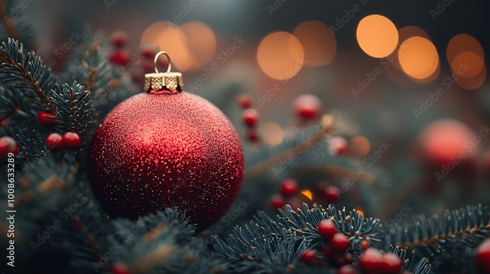A single red Christmas ornament with a glittery finish sits on a fir branch with red berries. The background is a blurry image of warm yellow lights. A single red Christmas ornament with a glittery finish sits on a fir branch with red berries. The background is a blurry image of warm yellow lights.