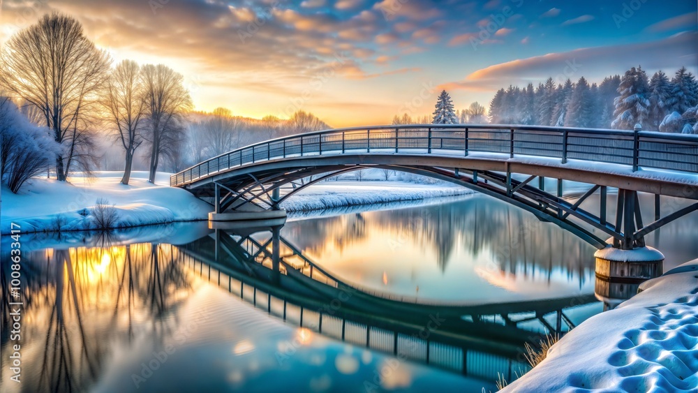 Naklejka premium Snowy bridge over calm river at sunrise in winter